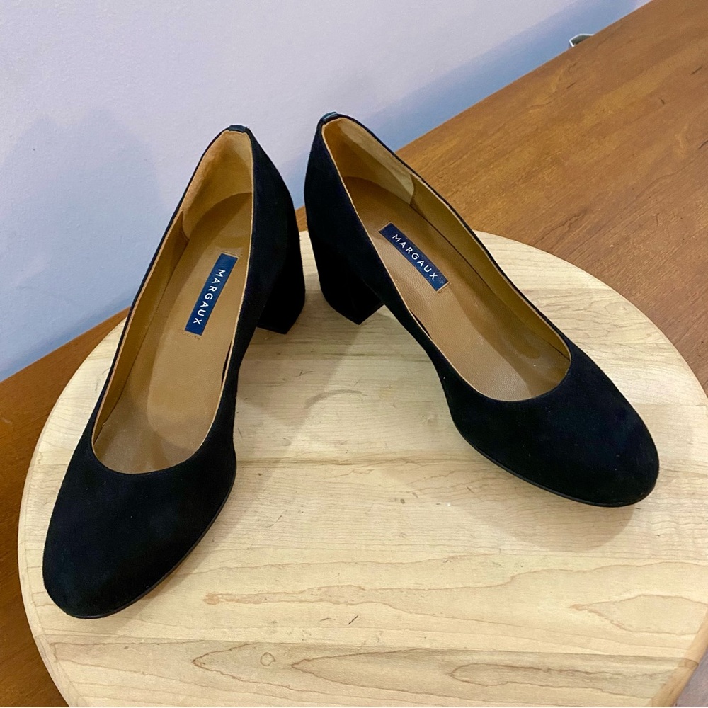 Margaux The Heel Black Suede Pumps Block Heel Almond Toe Work Office Sz 8 M - Picture 7 of 14